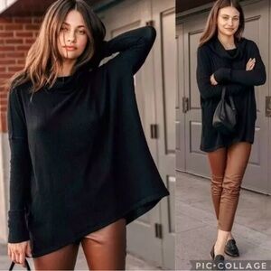Free People NEW Juicy Womens Sweater Medium Black Cowl Neck Tunic Top Split Back